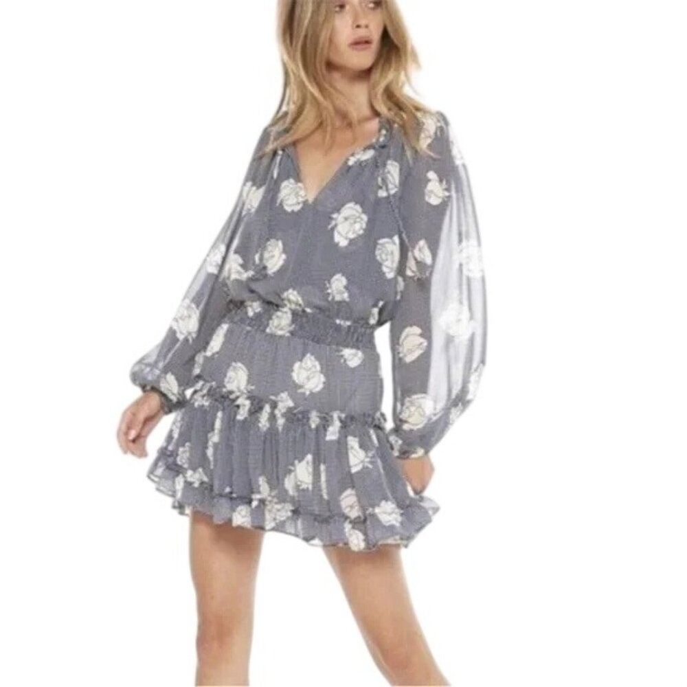 MISA Los Angeles Duval Navy Floral Check Peasant Mini Dress Womens Size Medium